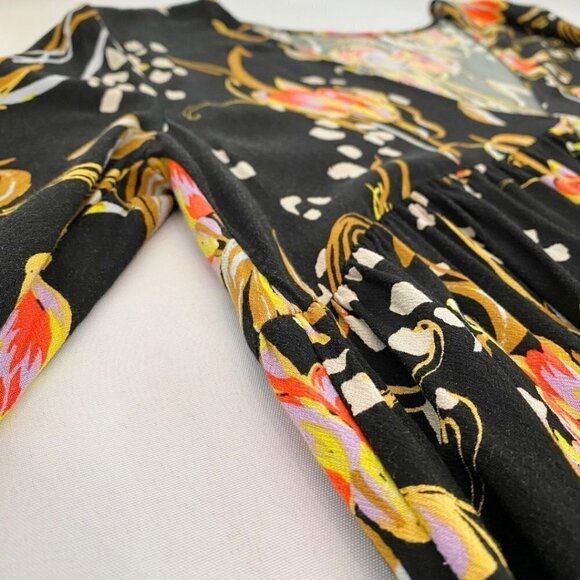 FREE PEOPLE BELLA BLACK FLORAL V-NECK LONG SLEEVE TUNIC TOP - S - Picture 7 of 10